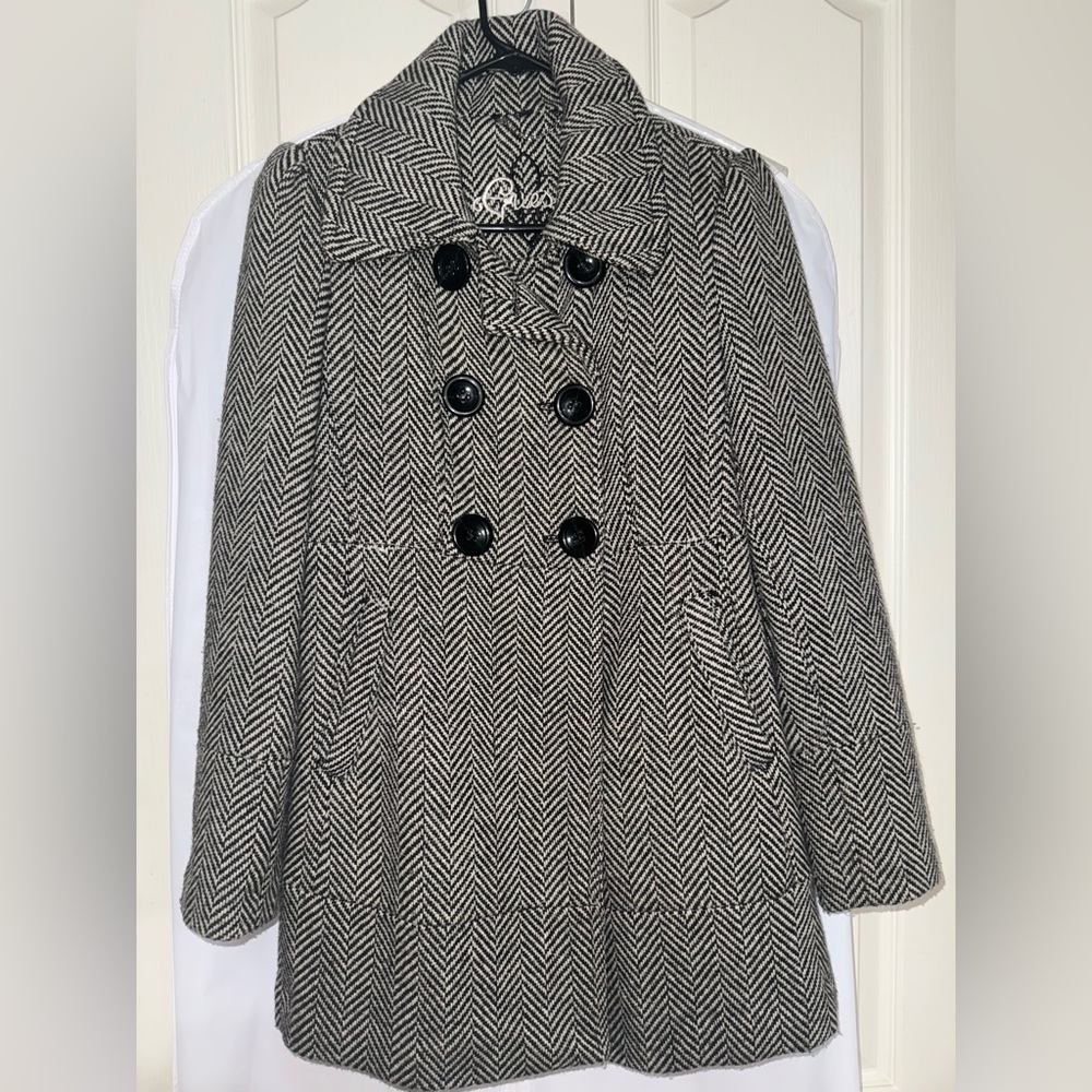 Guess Black and White Herringbone Trench Coat
